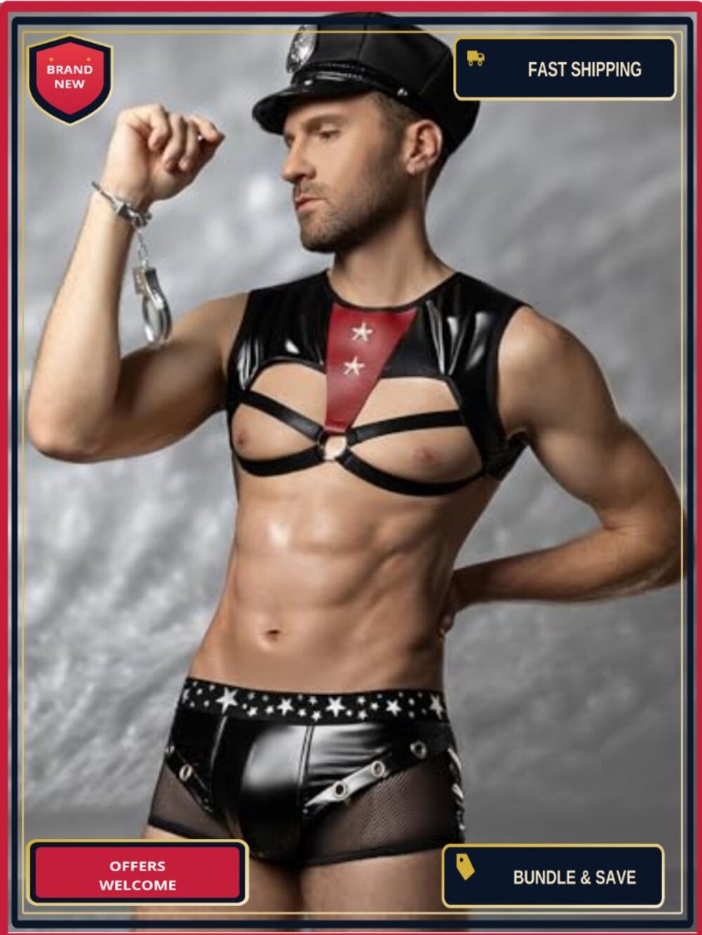 Men's Police Officer Costume Set Faux Leather Vest Shorts Roleplay